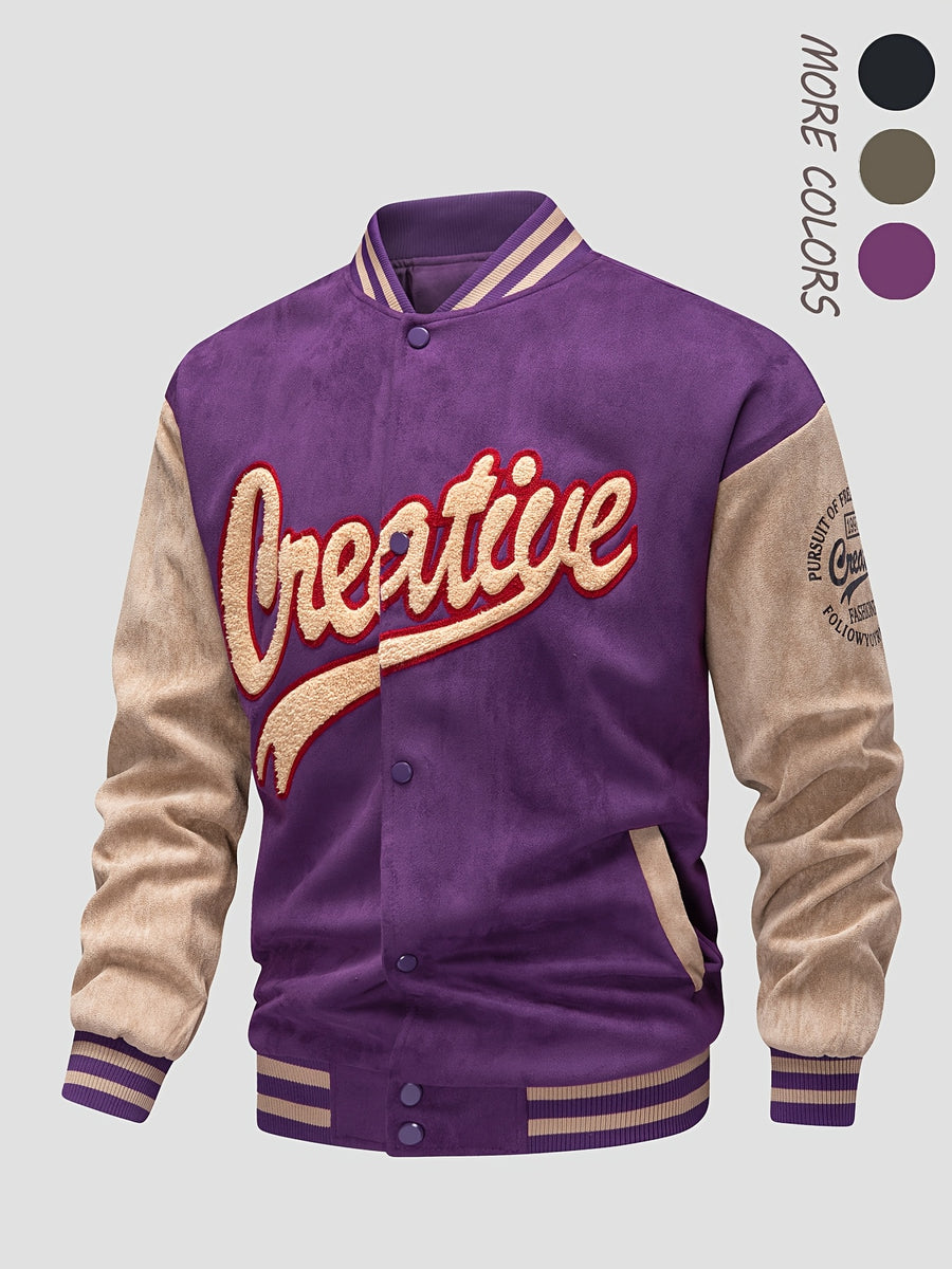 Men'S Casual Fashion Loose Comfortable Breathable Velvet Couple Jacket, All-Match Individual Letter Embroidery Outdoor Sports Baseball Coat, Suitable for Daily Commute Wear, Ideal Gift - Purple