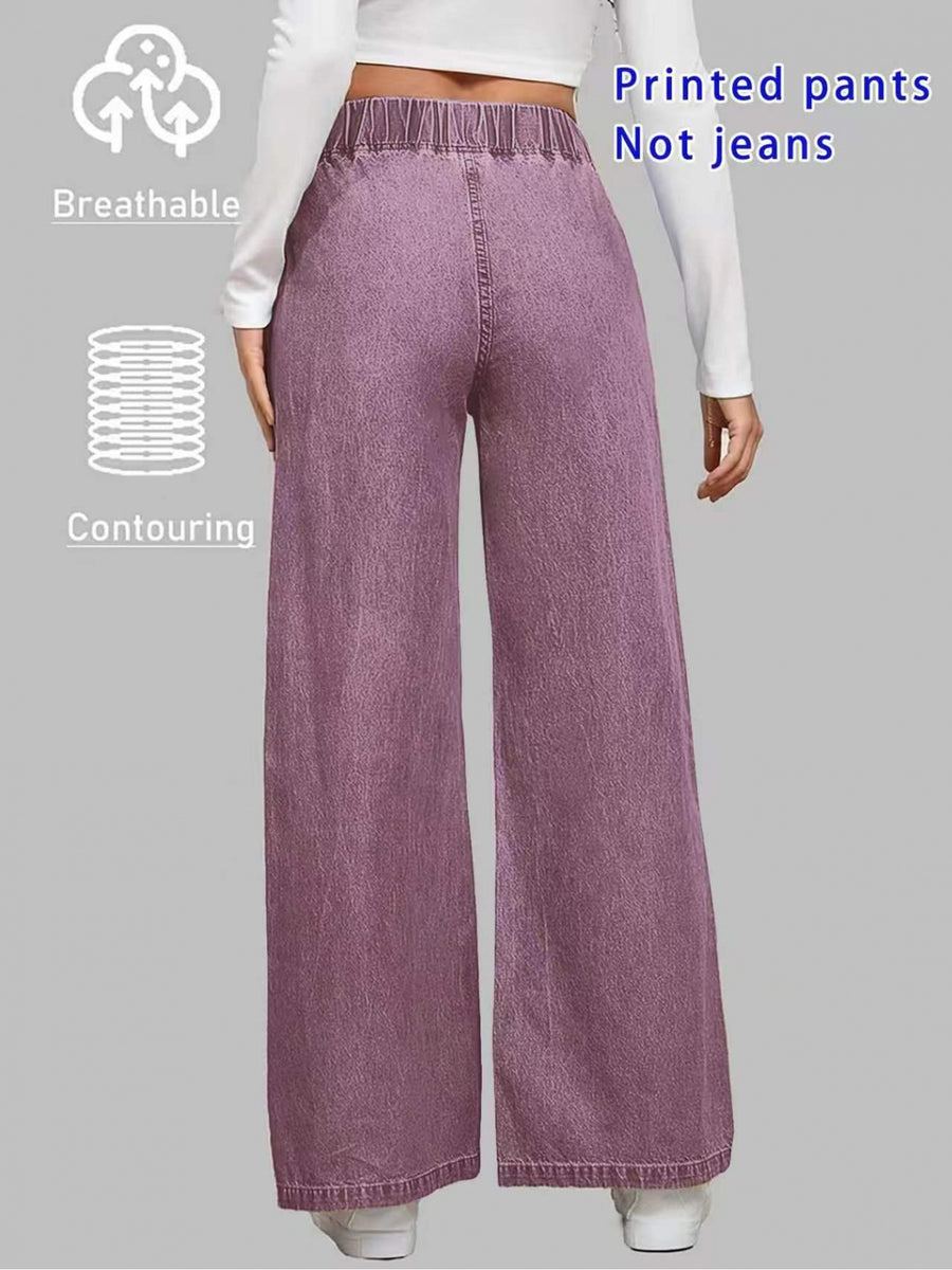 [Printed Pants - Not Denim Fabric]Printed Leggings - Non-Denim Fabric Printed Elastic Waist Wide-Leg Pants Women'S Loose Drapey Lightweight Breathable Casual Straight Long Trousers - Purple