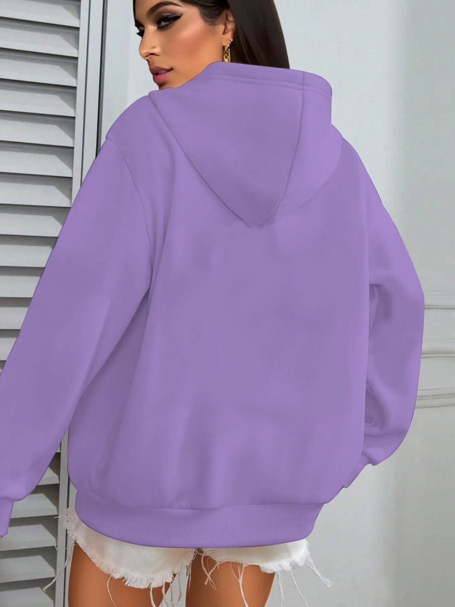 Trendy Letter Women'S Casual Hooded Sweatshirt with Front Print - Machine Washable, All-Season Versatile Pullover, Fashionable And Trendy, Durable Material, Comfortable Fabric, Printed Sweatshirt, Casual Wear, Urban Style, Fashion Enthusiast - Purple