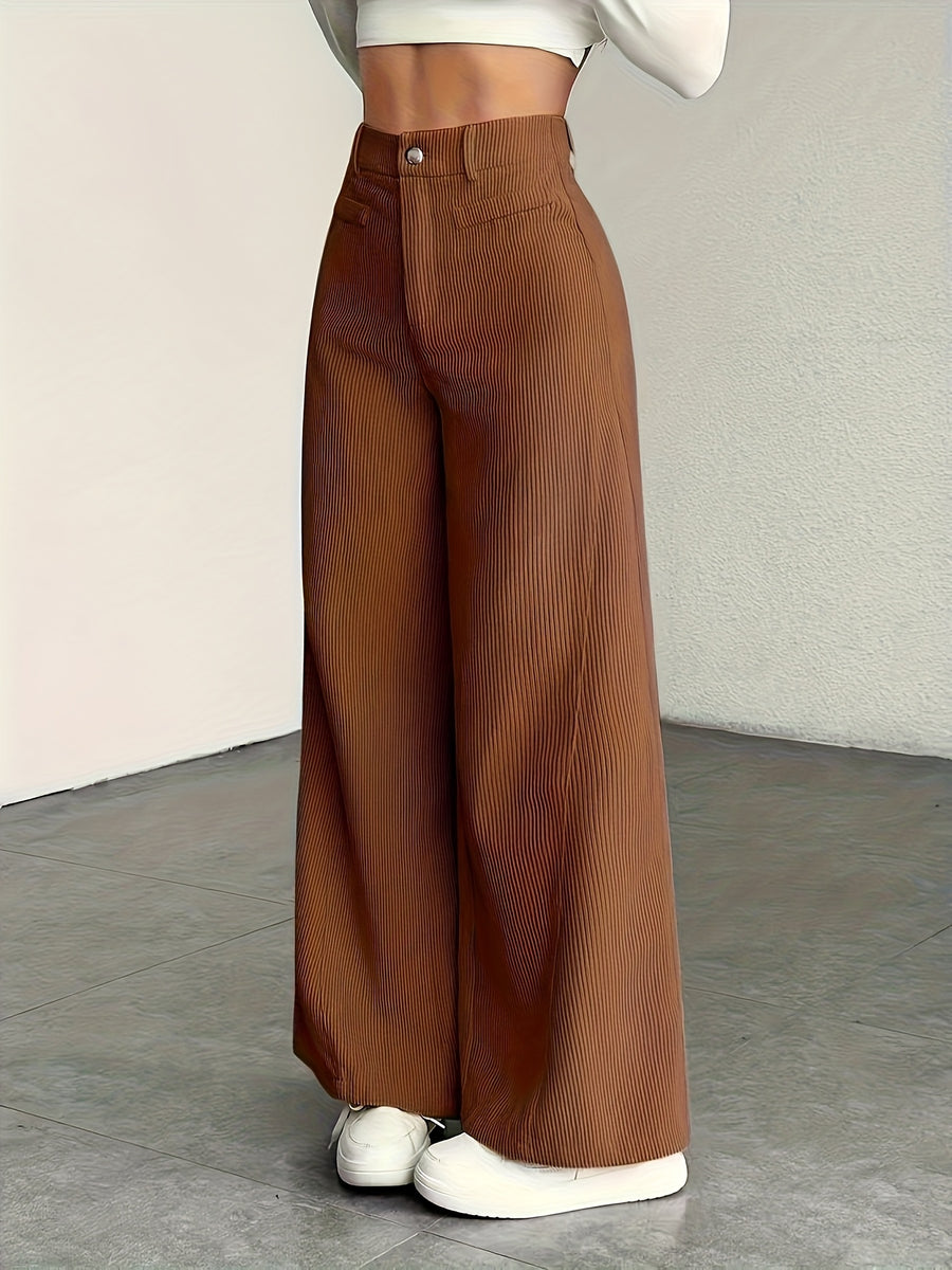 Women's High-Waisted Wide-Leg Corduroy Pants - Straight Leg Trousers with Corduroy Texture & Striped Suitable for All-Season Wear, Machine Washable Non-Stretch Corduroy Pants for Office, Casual, Everyday Outfits (No Transparency) - Coffee Brown