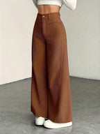 Women's High-Waisted Wide-Leg Corduroy Pants - Straight Leg Trousers with Corduroy Texture & Striped Suitable for All-Season Wear, Machine Washable Non-Stretch Corduroy Pants for Office, Casual, Everyday Outfits (No Transparency) - Coffee Brown