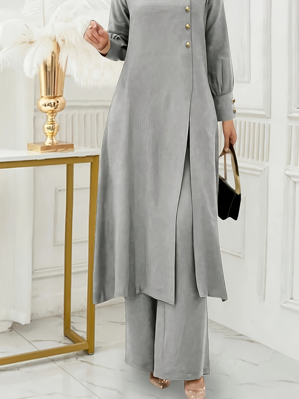 Ramadan, Women's Front-Button Long Sleeve Slit Dress & Pants Casual Arabic Style 2pcs Set, Only Clothes, Without Headscarf - Light Grey