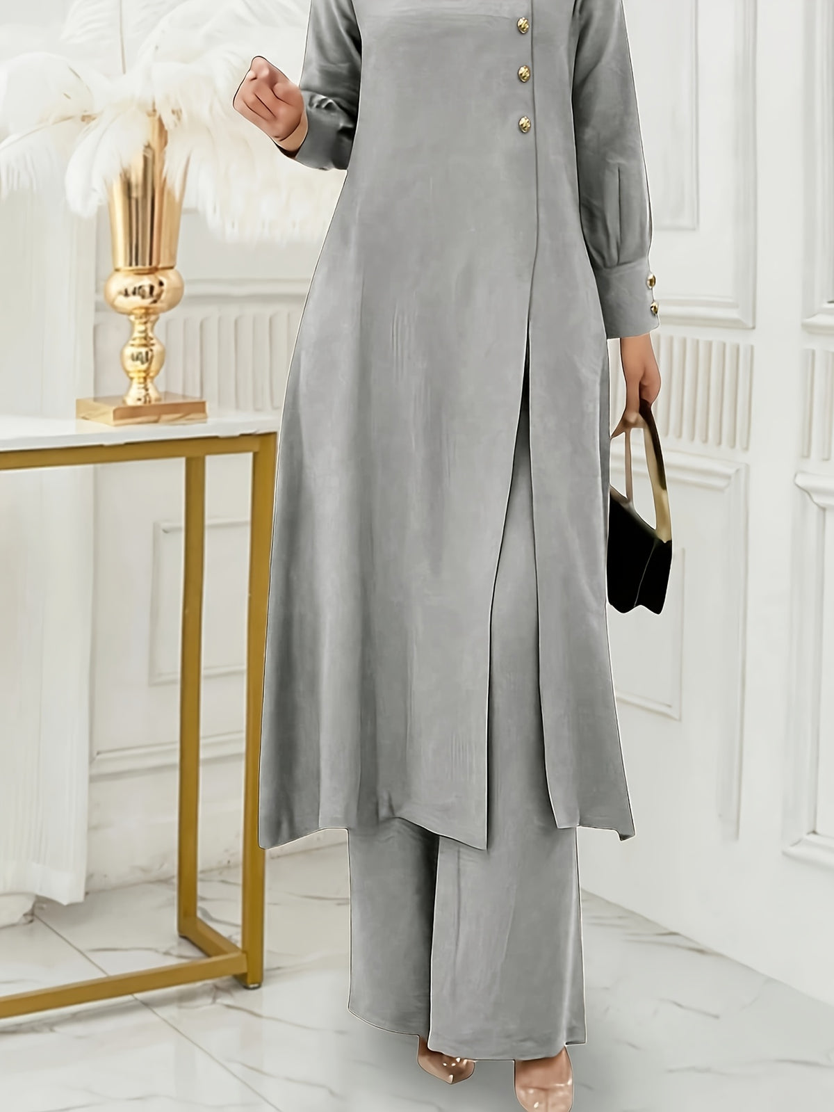 Ramadan, Women's Front-Button Long Sleeve Slit Dress & Pants Casual Arabic Style 2pcs Set, Only Clothes, Without Headscarf - Light Grey