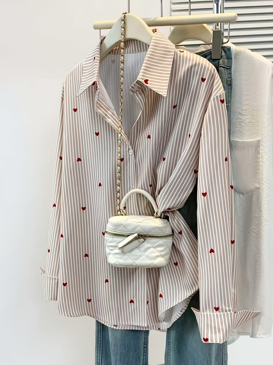 Women'S Heart Print Polo Collar Striped Shirt - Casual Collared Long Sleeve Blouse, Perfect for Spring Summer Fall Casual Wear - Khaki