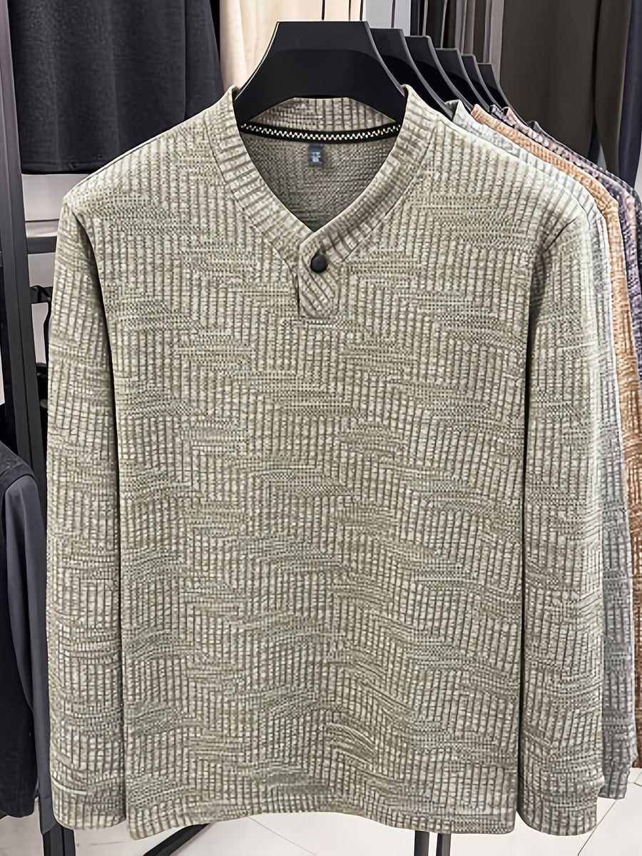 Men's Henley Collar Single-Button Long-Sleeve T-Shirt, Textured Jacquard Knit Top, Spring/Autumn Business Casual Daily Commute Base Layer Shirt - Khaki 1