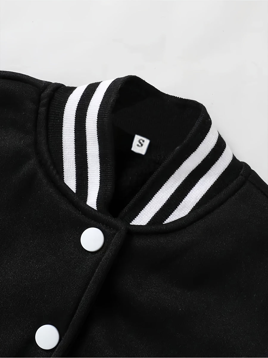 Women'S Black And White Contrast Baseball Jacket, A Letter Pattern Printed Jacket - Black Color Matching