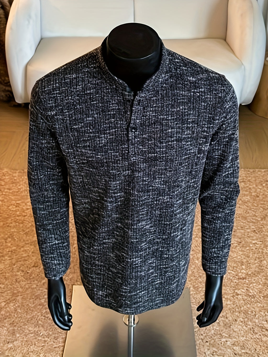 Autumn/Winter Striped Men's Loose Long Sleeve Casual Stand Collar -Lined - Black