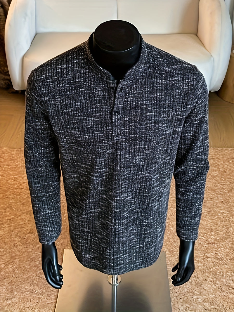 Autumn/Winter Striped Men's Loose Long Sleeve Casual Stand Collar -Lined - Black