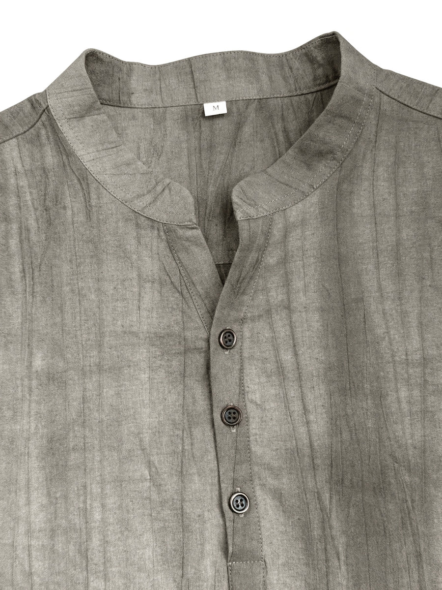Men'S Summer Casual Henley Shirt, Preppy Style Thin Stand-Up Collar Short Sleeve T-Shirt, Retro Crinkle Ramie Pullover Men'S Top - Linen