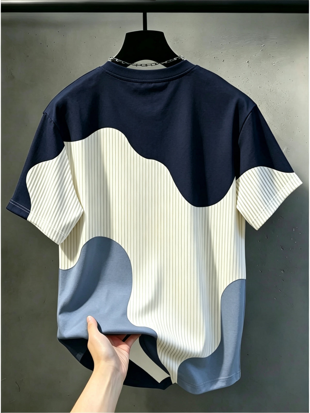 [Printed Design - Non-Textured] Men'S Casual Round Neck T-Shirt, Geometric Pattern Patchwork Striped Design, "Chicago" Word Pattern, Drapey Fashion Top, All-Season Wear, Breathable Regular Fit for Casual And Formal Outfits - Round Neck Casual Top - Mixed Color 3