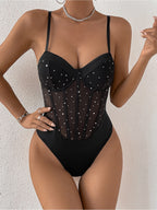 Sexy Sequin Corset Bodysuit Women's Sparkly Mesh Sheer Cami Top Fishbone Bodycon Jumpsuit Party Clubwear - Black