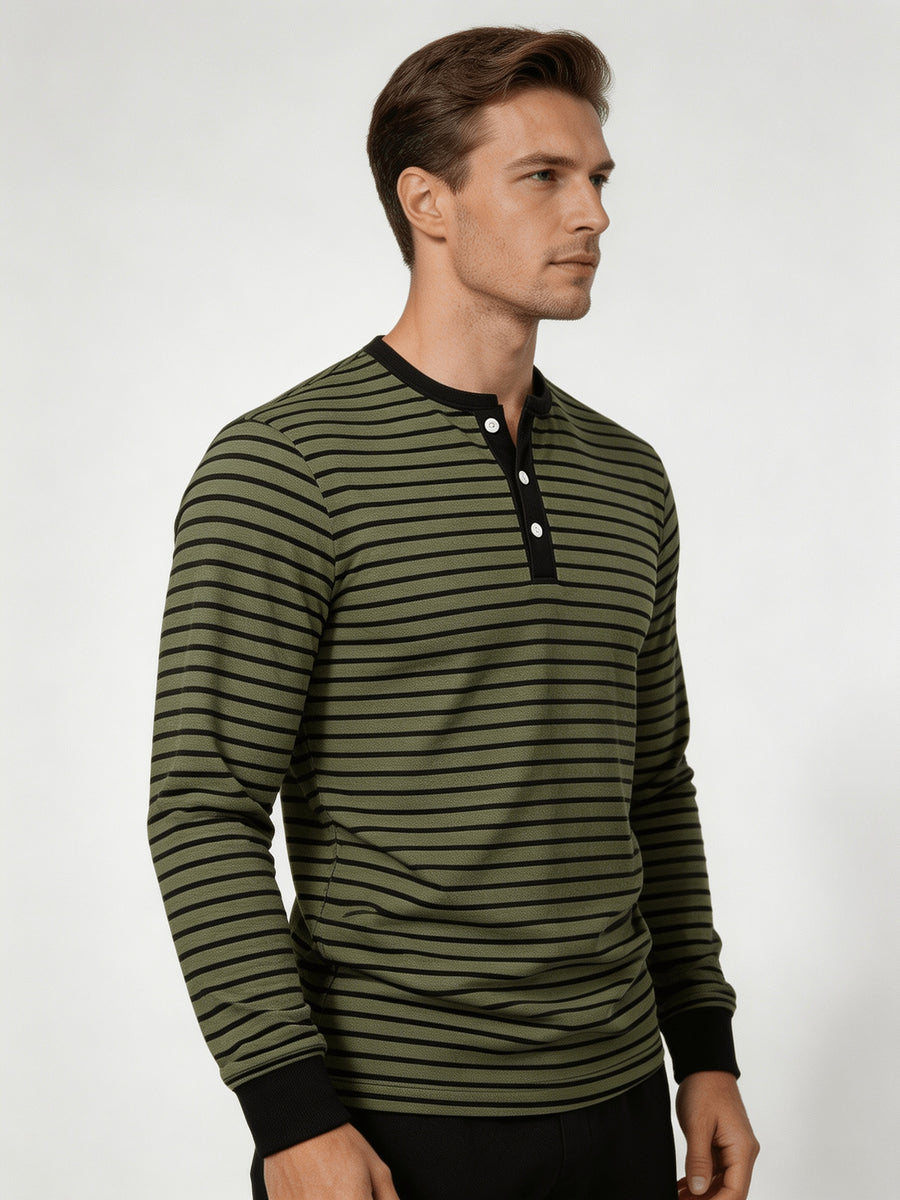 Men'S Round Neck Long Sleeve Henley Shirt, Classic Striped Button-Front Top, Ribbed Cuffs And Hem Breathable Soft Knit Pullover, Men'S Autumn Casual Shirt - Military Green