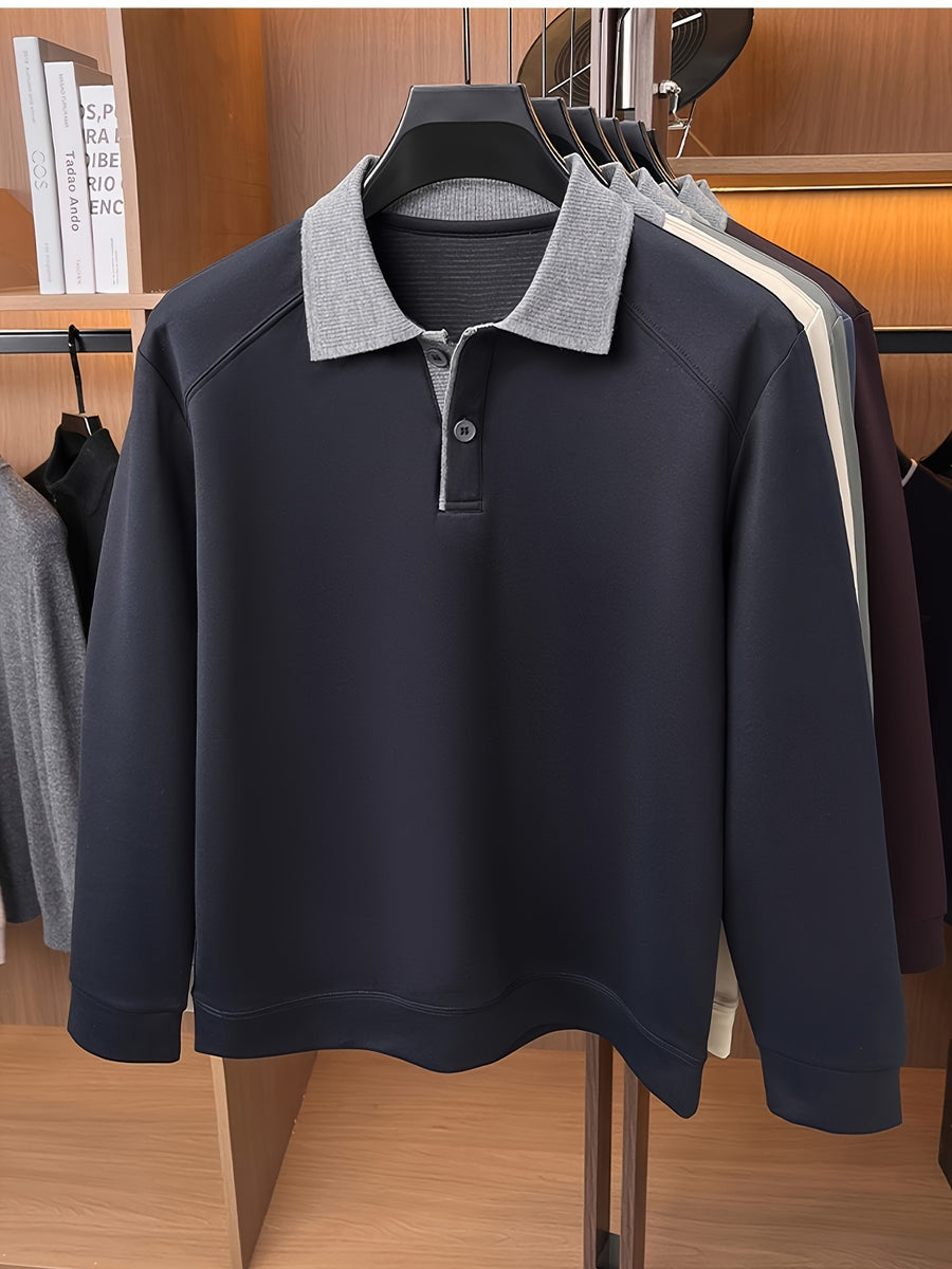 Autumn Contrast Collar Long Sleeve Polo Shirt, Men'S Drop Shoulder Knit Pullover, Spring Autumn Business Casual Base Layer Top, Loose Patchwork Collar T-Shirt, Casual Fishing Top - Shangqing