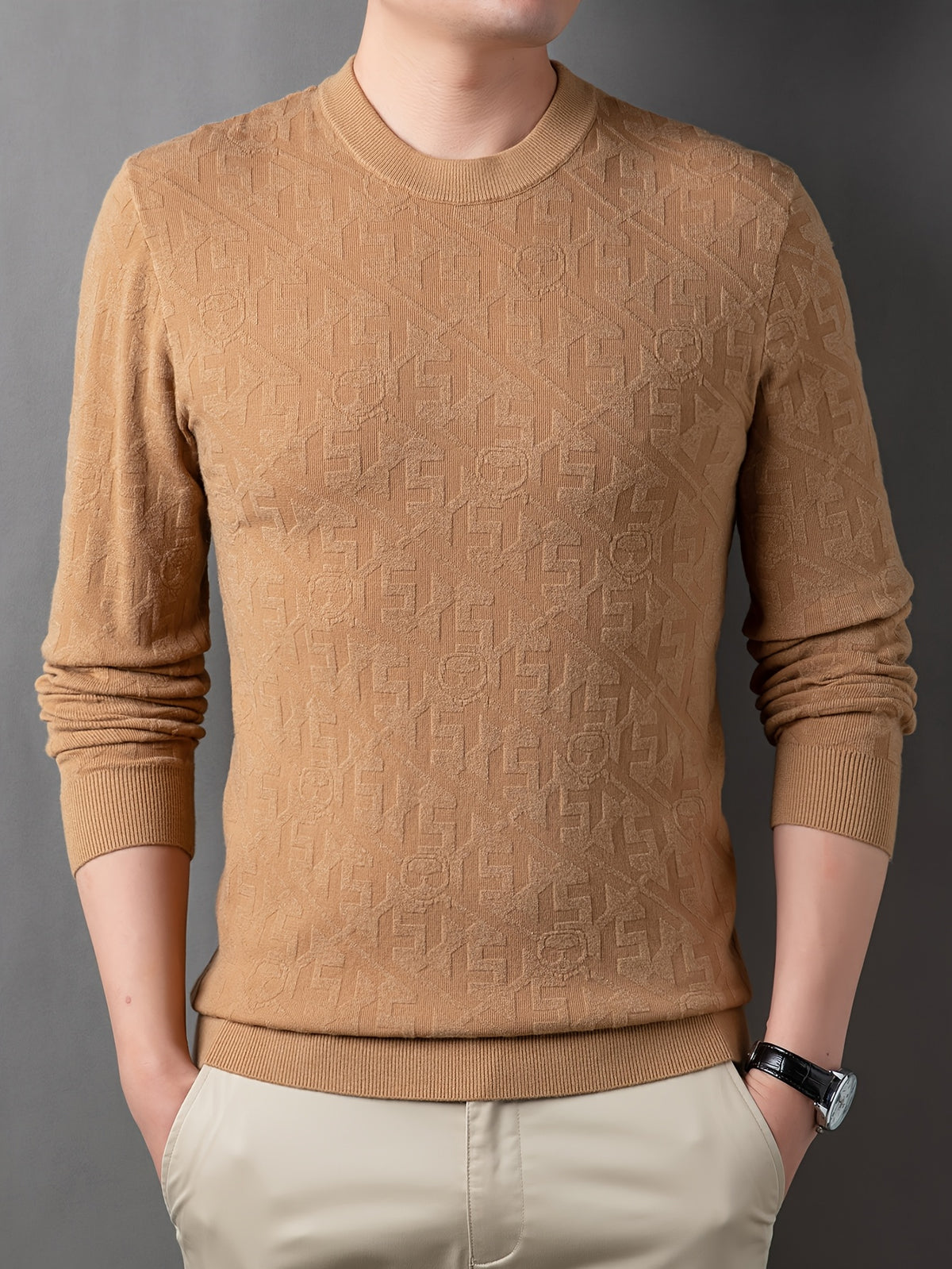 Men'S Round Neck Jacquard Sweater Spring Autumn Tight Thin Business Casual Knit Pullover Top - Yellow Camel