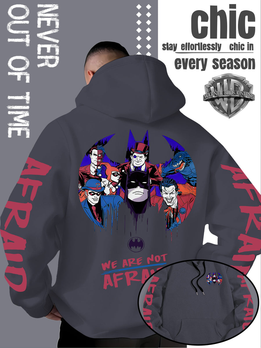 Men'S Batman Hooded Sweatshirt, Cool Graphic Print with Hero And Villain Characters, English Slogans And Sleeve Graffiti, Classic Meets American Dark Streetwear, Fall/Winter Comfortable Long Sleeve, Trendy Street Style for Men - Dark Gray