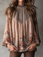 Women'S Bohemian Style Printed High-Neck Chiffon Floral Blouse, Flowing Puff Sleeves, Beautiful Shirt Top Suitable for Various Occasions [Niannian] - Pale Pinkish Gray