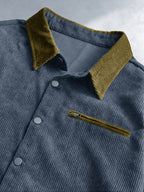 Men'S Solid Color Lapel Corduroy Striped Cardigan, Autumn Winter Fashion Contrast Jacket Top, Zippered Pocket on Chest, Button-Front Design, Seasonal Warm Casual Outerwear, Suitable for Daily Casual Wear And Outings - Blue