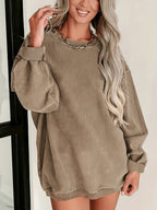 Women's Versatile, Casual-chic Round-neck Sweatshirt; Autumn Top; Fashionable Corduroy Long-sleeve Top for Work and Casual Attire; Loose Fit for Comfort, Soft Against the Skin, and Warm Without Looking Bulky; Simple Round Neckline with a Versatile - Khaki
