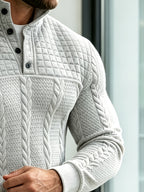 Joshmei OBM Halloween Men's Old Money Style Stand Collar Henley Shirt, Twisted Cable Knit Patchwork Checkered Long Sleeve Top, Comfortable and Warm Pullover, Suitable for Beach Vacations and Daily Wear, Men's Birthday Gift - Light Grey
