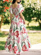 The Summer Floral-Themed Elegant Resort-Style Dress Features a Butterfly Wing Print Design, a Square Neckline And Short Sleeves, Is Equipped with a Waist-Cinching Design, And Has a Moderate Length - The color of rouge