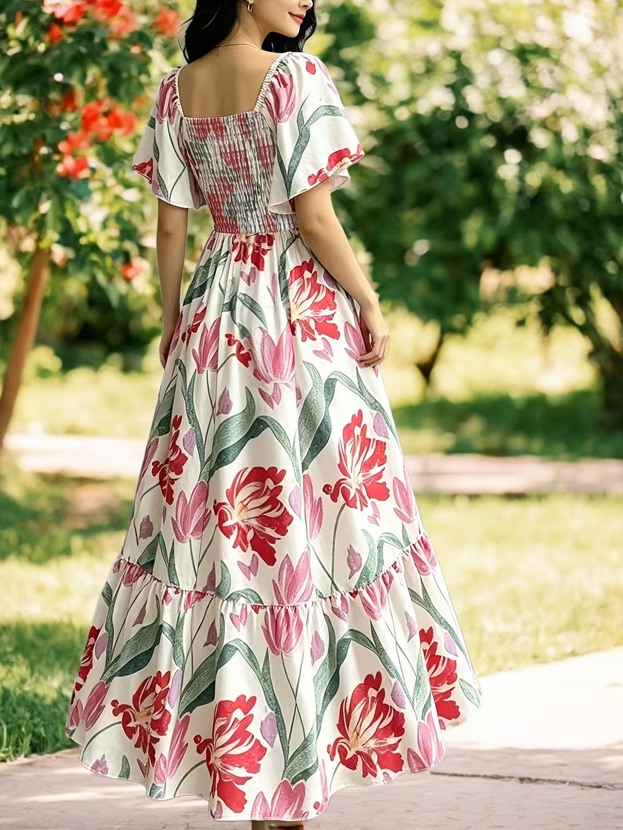 The Summer Floral-Themed Elegant Resort-Style Dress Features a Butterfly Wing Print Design, a Square Neckline And Short Sleeves, Is Equipped with a Waist-Cinching Design, And Has a Moderate Length - The color of rouge