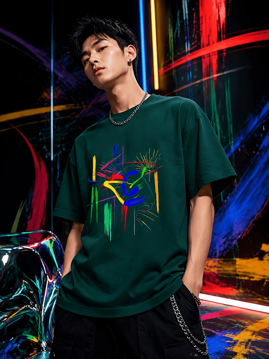 Men's Abstract Art T-Shirt - Vibrant Brushstroke Design, Soft and Breathable, Modern Crew Neck, Short Sleeve Summer Tee, Art-Inspired T-Shirt - Dark Green