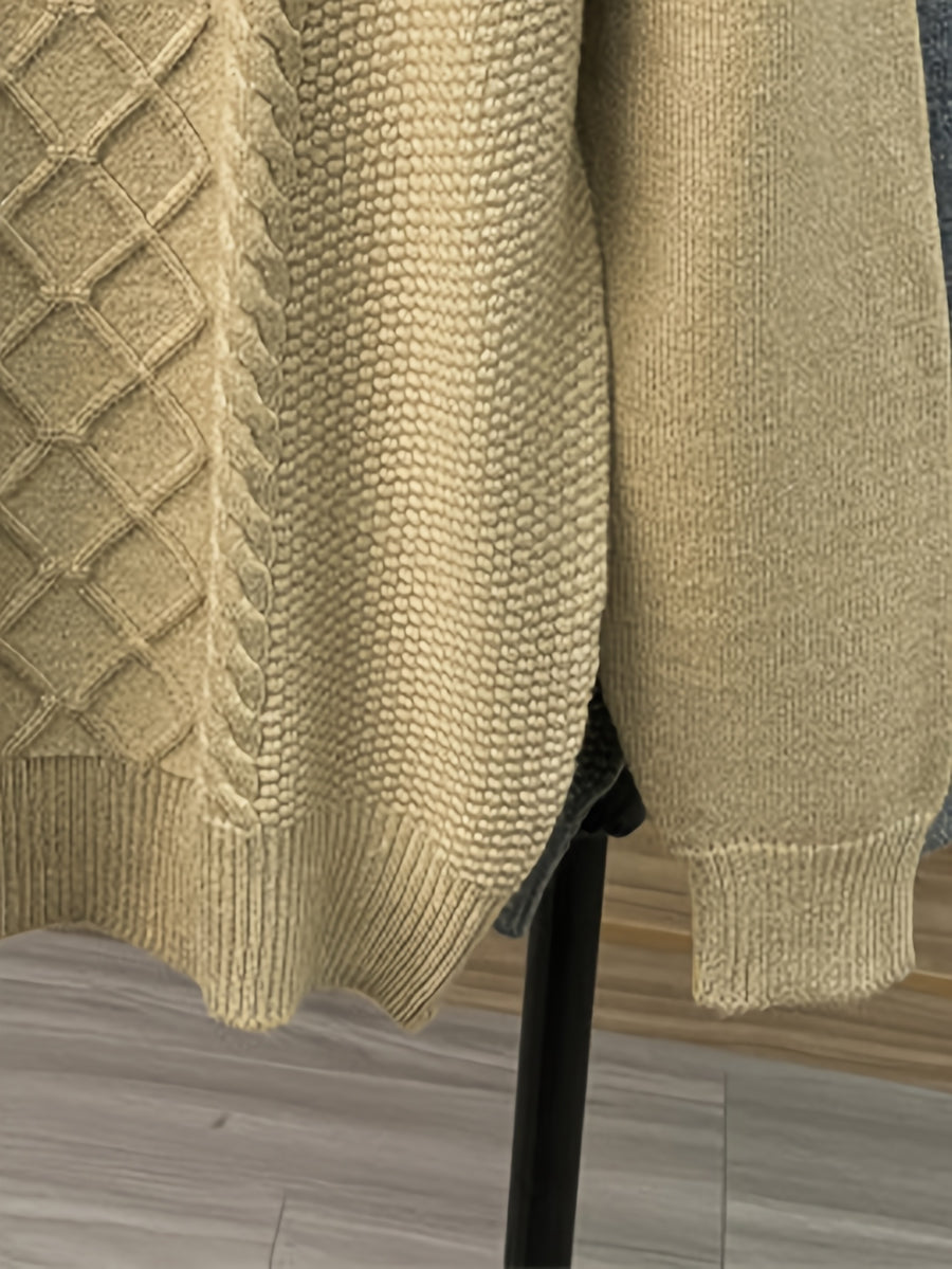 Men'S Thickened Semi-Open Zipper Stand Collar Knit Sweater, Ribbed Cuffs And Hem, Autumn/Winter Style, Single Wear And Layering, Light Mature Business Casual Style - Yellow Camel
