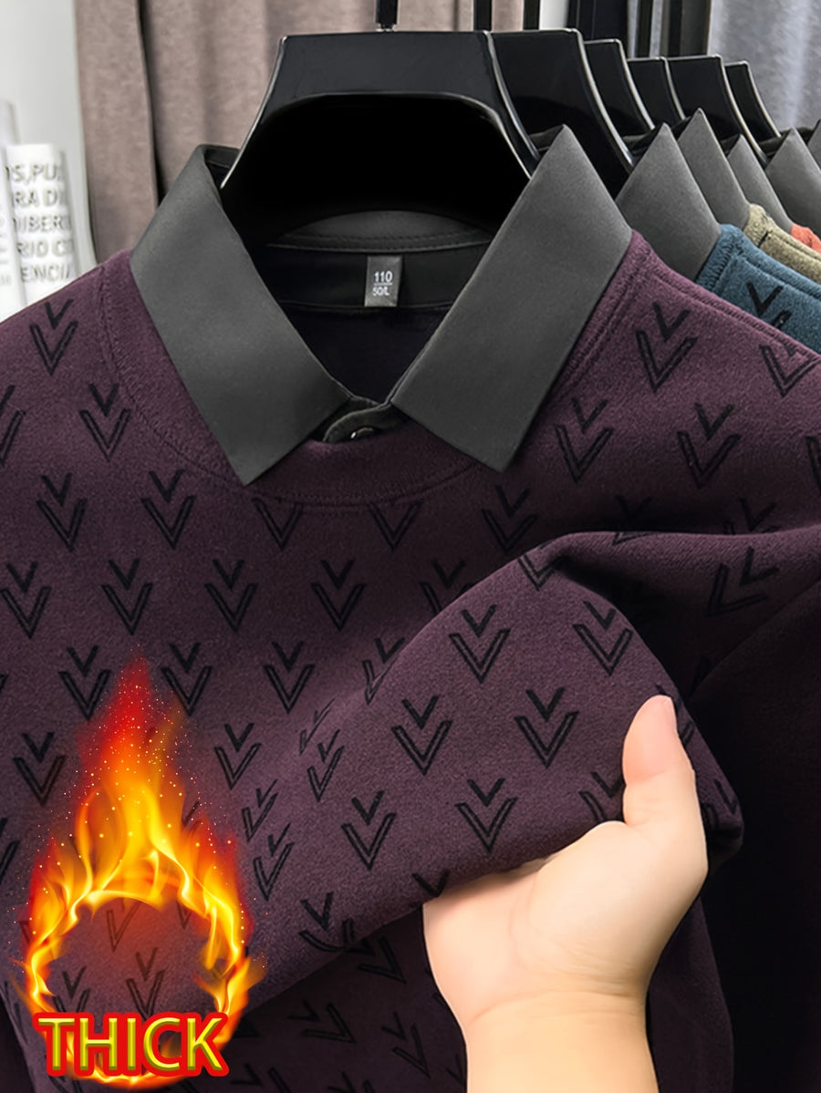 Thickened Men'S Shirt Collar Fake Two-Piece Sweater, Shirt Collar Fake Two-Piece Pullover, Long Sleeve, Ribbed Cuffs And Hem, Fall/Winter Outerwear And Inner Wear - SINBOS, Knit - Gentian Violet