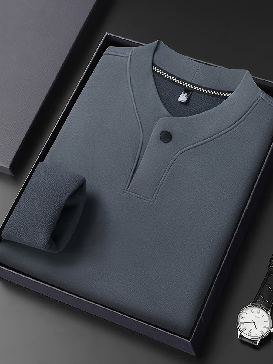 Men'S Single-Button Henley Collar Fleece Long Sleeve Top, Solid Color Minimalist Design Without LOGO, Light Luxury Easy Men'S Style - SINBOS - Grey