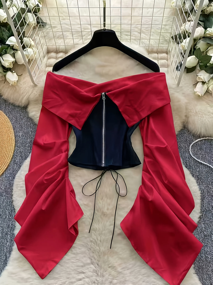 Spring Summer Fashion New Style Top Elegant Contrast Color Patchwork Off-Shoulder Square Neck Drawstring Short Top - Black And Red Color Contrast