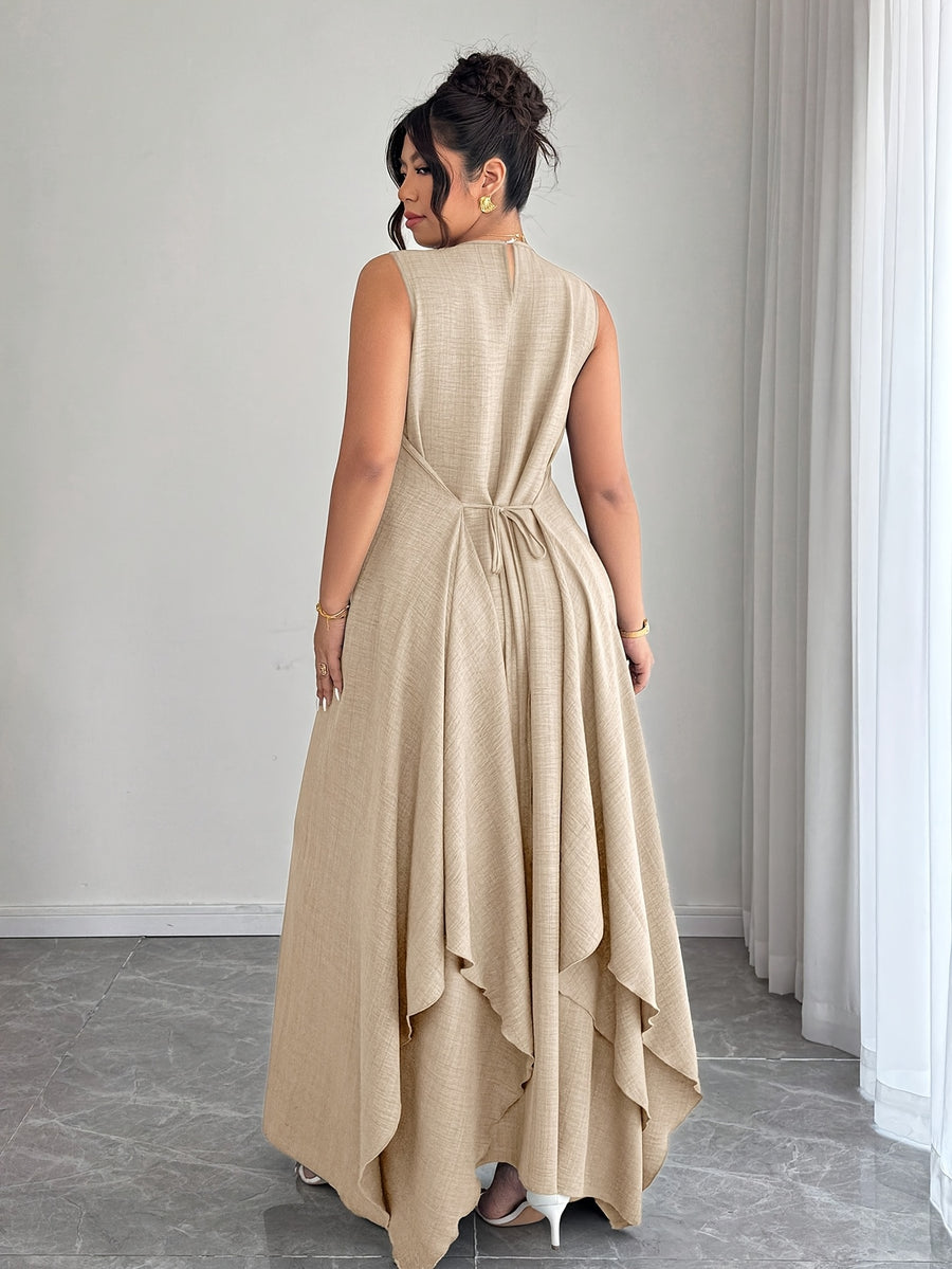Women'S Elegant Vacation Casual Daily Outerwear Tie-Belt A-Line Asymmetrical Hem Dress - Khaki