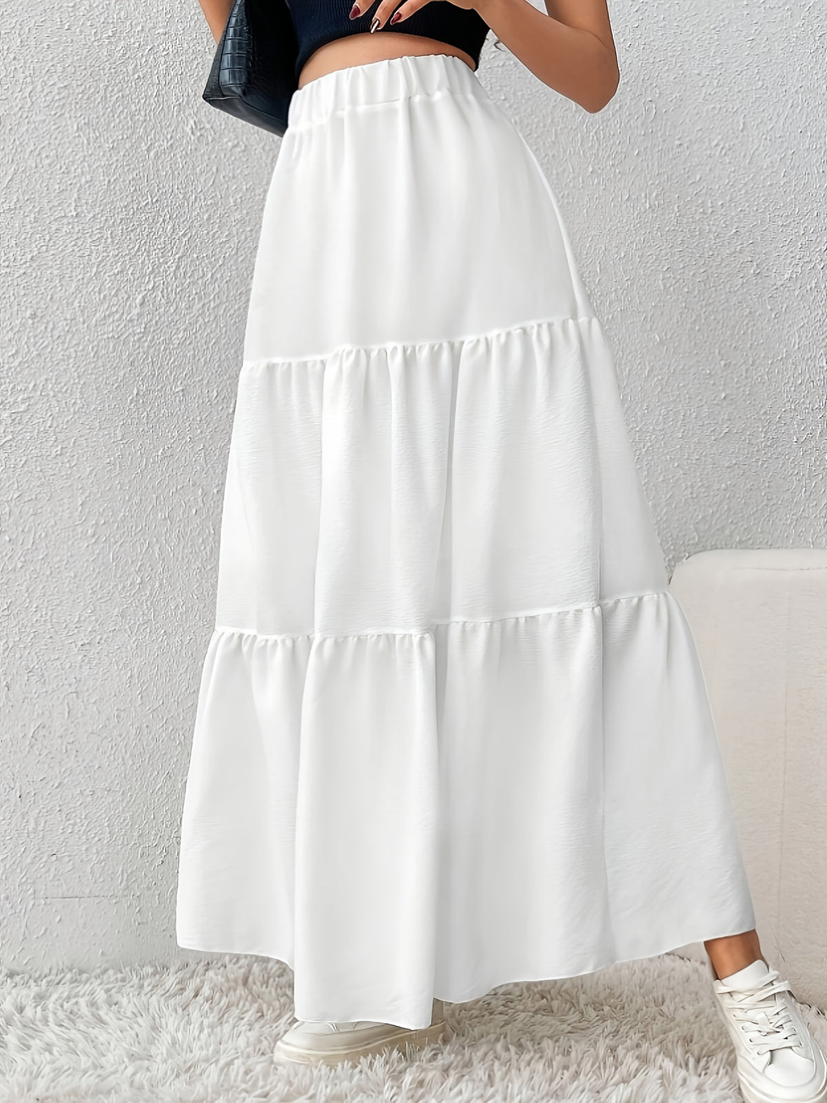 Women's High-Waisted Solid Color Daily Multi-Layer Skirt - White