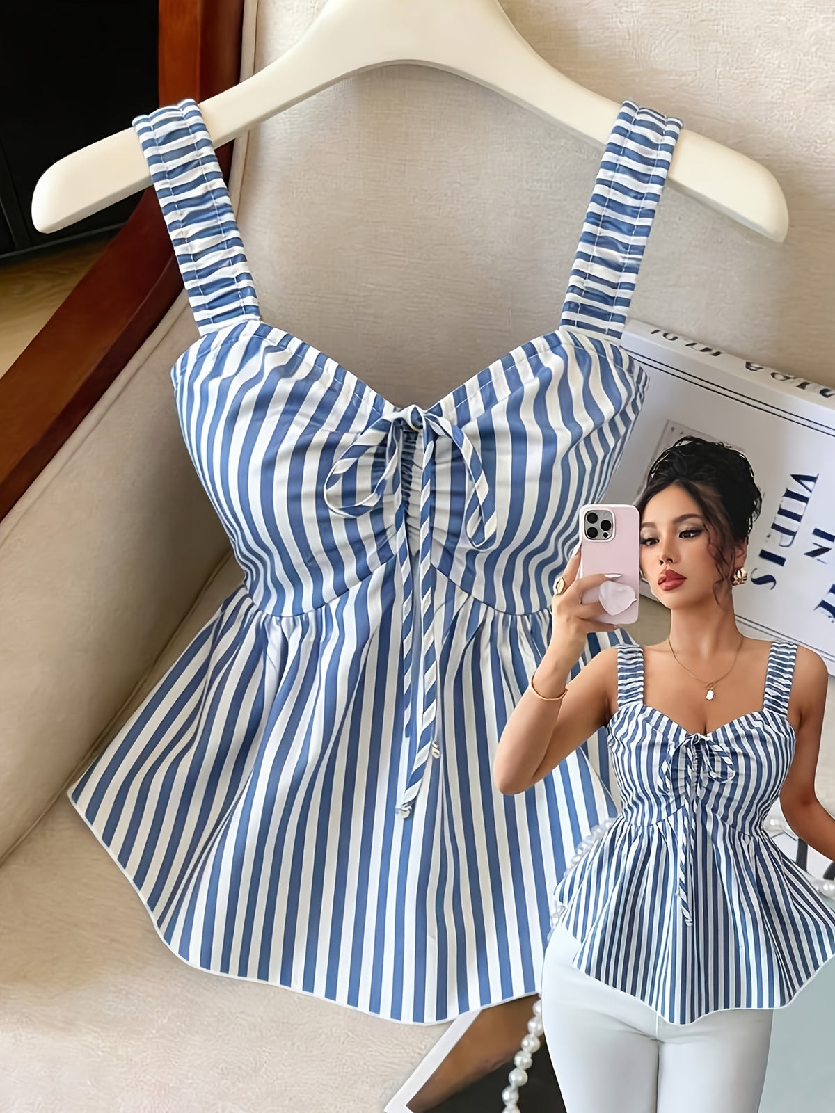 Women'S Elegant Striped Front Tie Casual Thick Strap Vest - Mixed colors