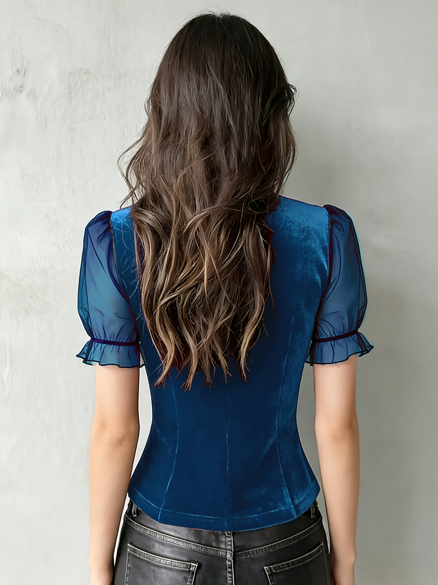Development Bk260306052]Chic Velvet Sheer Sleeve Corset Top with Lace Trim Elegant Special - Sea Blue