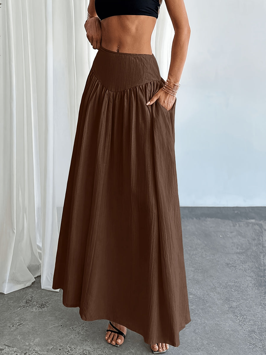 Women's Waist-Cinching Pleated Flared Skirt with Solid Pockets, Comfortable, Versatile, and Elegant, Suitable for Casual Daily Wear and Stylish Commuting, All-Season - Coffee Brown