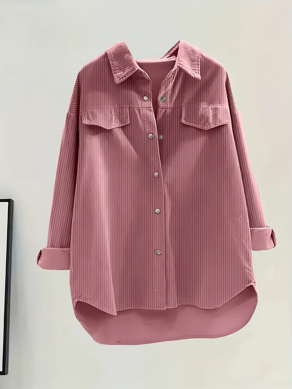 Women's Solid Color Collar Button-Front Shirt with Fake Pocket - Long Sleeve Casual Button- Blouse for Professional & Casual Attire, Year-Round Versatile Solid Color Shirt (Non-Stretch) - Pink Color