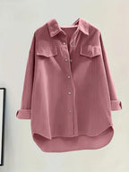 Women's Solid Color Collar Button-Front Shirt with Fake Pocket - Long Sleeve Casual Button- Blouse for Professional & Casual Attire, Year-Round Versatile Solid Color Shirt (Non-Stretch) - Pink Color