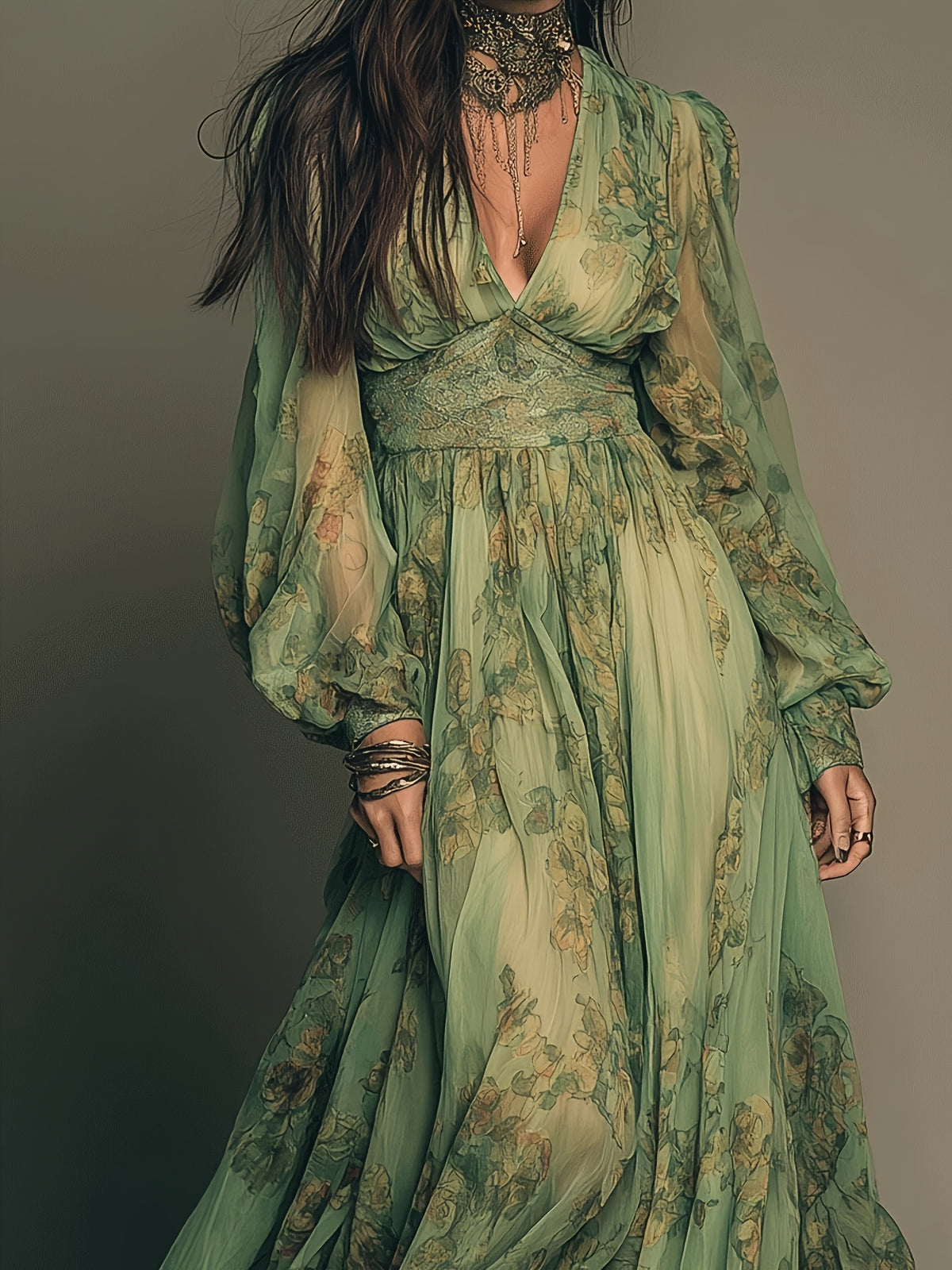 Vintage Green Bohemian Floral Print Ruffle Hem Maxi Dress - Mixed colors