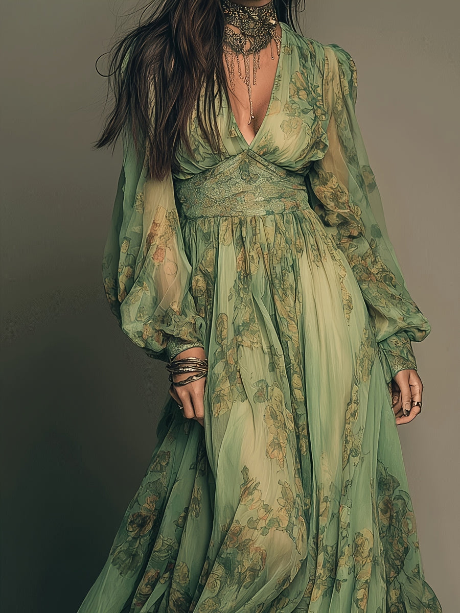 Vintage Green Bohemian Floral Print Ruffle Hem Maxi Dress - Mixed colors
