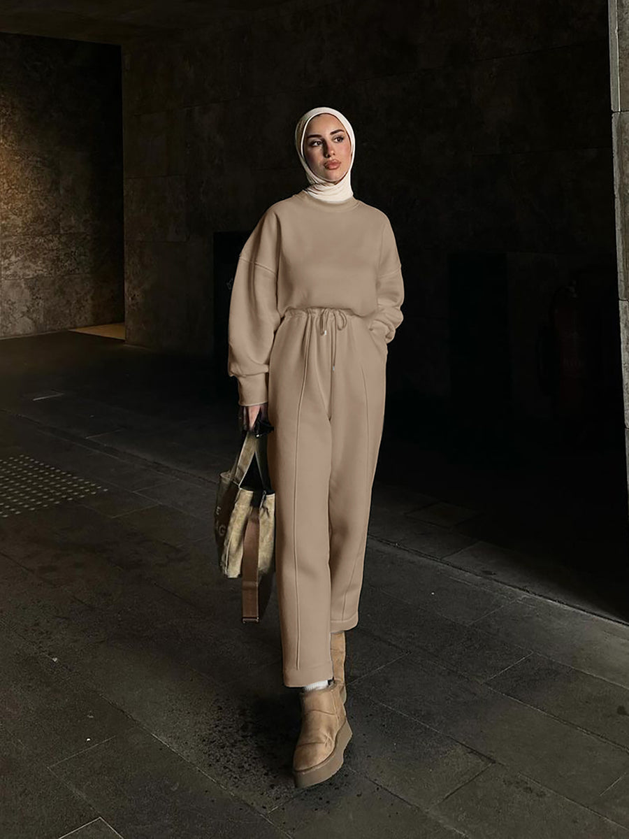 Two-Piece Solid Color Loose Top + Straight-Leg Pants Middle Eastern Fashion Casual Style Set, Suitable for Urban Outdoor Casual Occasions, Autumn/Winter Wear - Camel