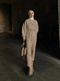 Two-Piece Solid Color Loose Top + Straight-Leg Pants Middle Eastern Fashion Casual Style Set, Suitable for Urban Outdoor Casual Occasions, Autumn/Winter Wear - Camel