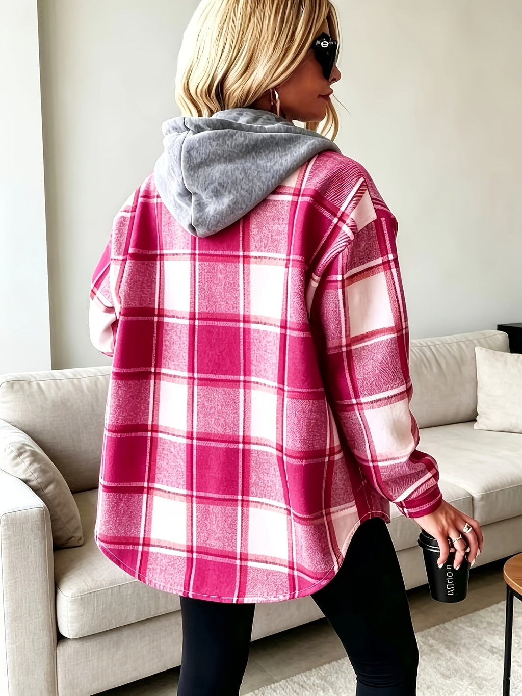 Women's Autumn/Winter Loose Plaid European/American Style Hooded Casual Top Jacket - Red check