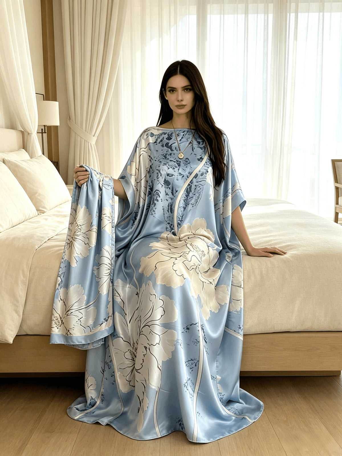 Plus Size - 2pcs Set of Light Blue Sky Blue Ink Powder Printed Long Robe And 1 Scarf Set for Women'S Plus Size Boat Neck Loose Bat Sleeves Kaftan Robe Vacation Beach Dress Bohemian Style Plus Size Banquet Dress Home Nightgown - Sky Blue