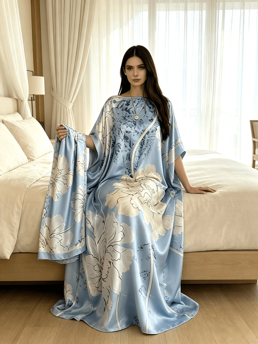 Plus Size - 2pcs Set of Light Blue Sky Blue Ink Powder Printed Long Robe And 1 Scarf Set for Women'S Plus Size Boat Neck Loose Bat Sleeves Kaftan Robe Vacation Beach Dress Bohemian Style Plus Size Banquet Dress Home Nightgown - Sky Blue