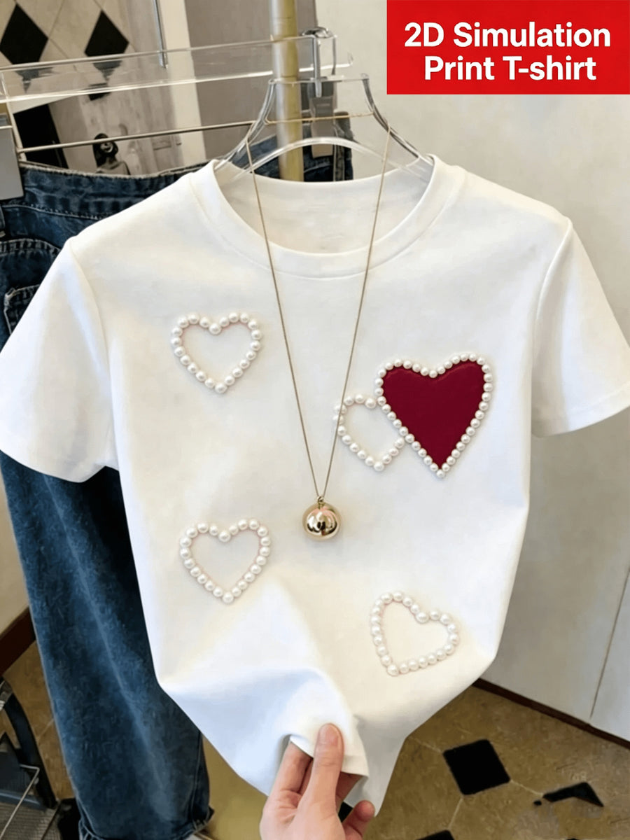[Printed Design - Not Textured] Women'S White Trendy Coquette Heart Print T-Shirt, Elegant Graphic Design, Soft Casual Daily Top - White 5