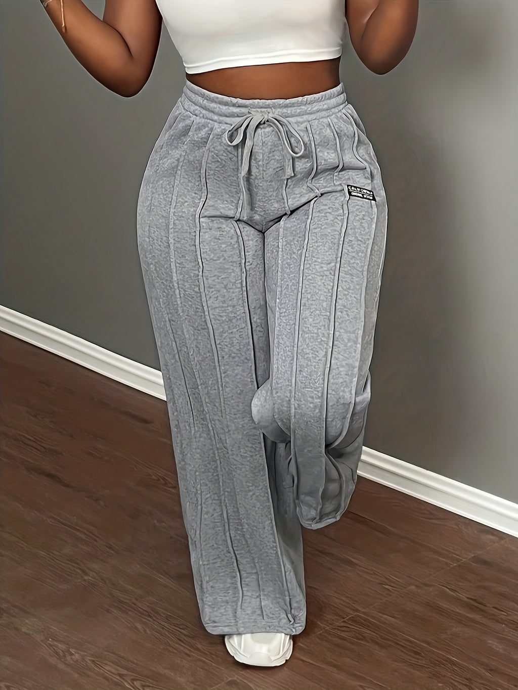 Fashion Casual Ribbed Waist Lace-up Elastic Waist Sweatpants | Women'S Straight Leg Pants for Fall/Winter - Grey