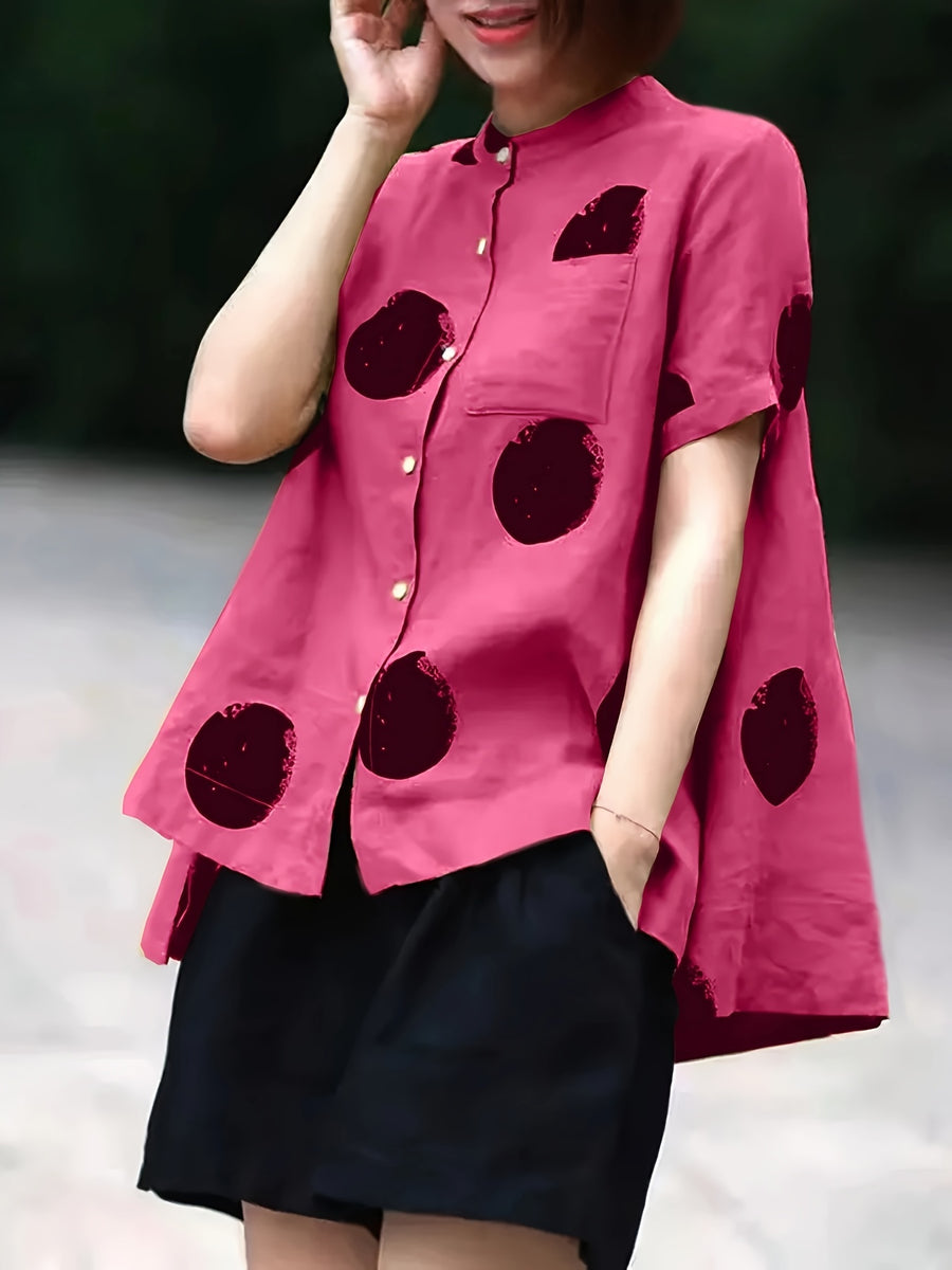 Women'S Vintage Polka Dot Print Shirt - Short Sleeve, Stand Collar, Button-Up Top with Asymmetrical Hem, Black & Orange, Casual Summer Blouse for Adults, Casual Summer Wear | Vintage Style Shirt | Nonstretch Fabric - Dusty Rose