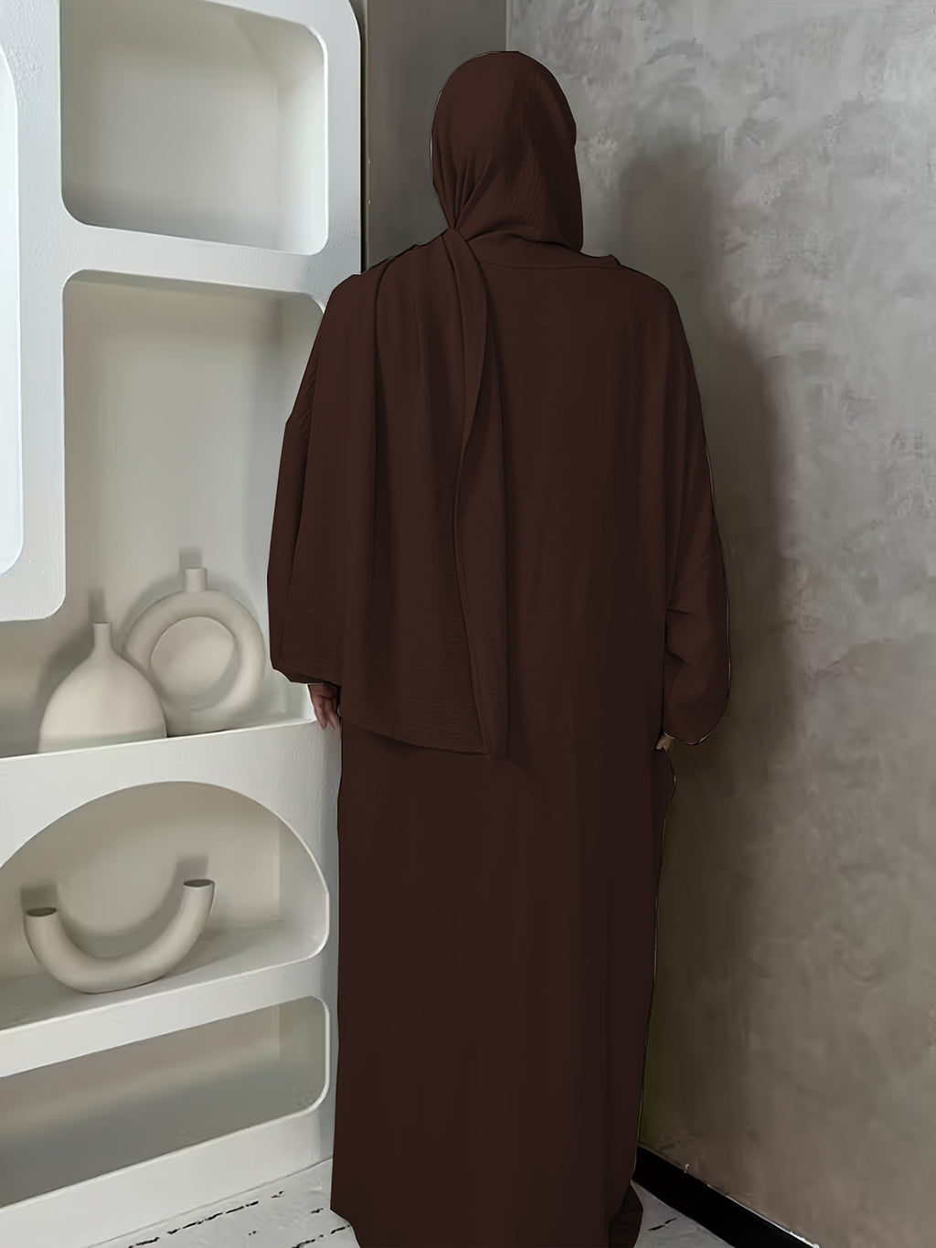 1pc And Abaya One-Piece Dress, Prayer Jilbab Fashionable, Elegant And Casual Solid-Colored Puff Sleeve Suitable for Daily Wear. Loose And Comfortable Women'S Abaya Robe - Coffee Color
