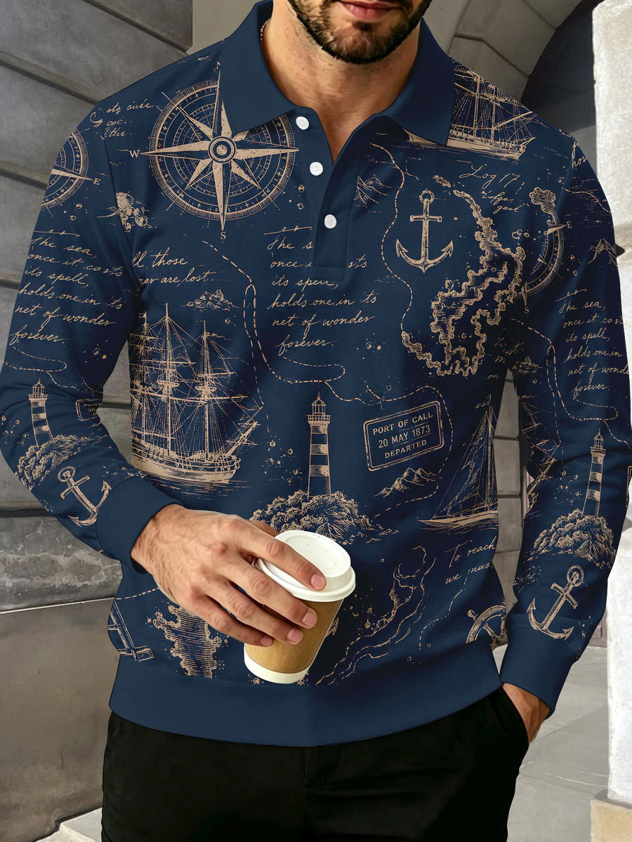 Men's Contrast Color Long Sleeve Polo Shirt, Lapel Collar Three-Button Casual Top with Vintage Nautical Manuscript Print, Versatile Men's Apparel for Spring/Autumn Business Commuting and Golf, Surprise Birthday/Holiday Gift for Young Men - Mixed Color G