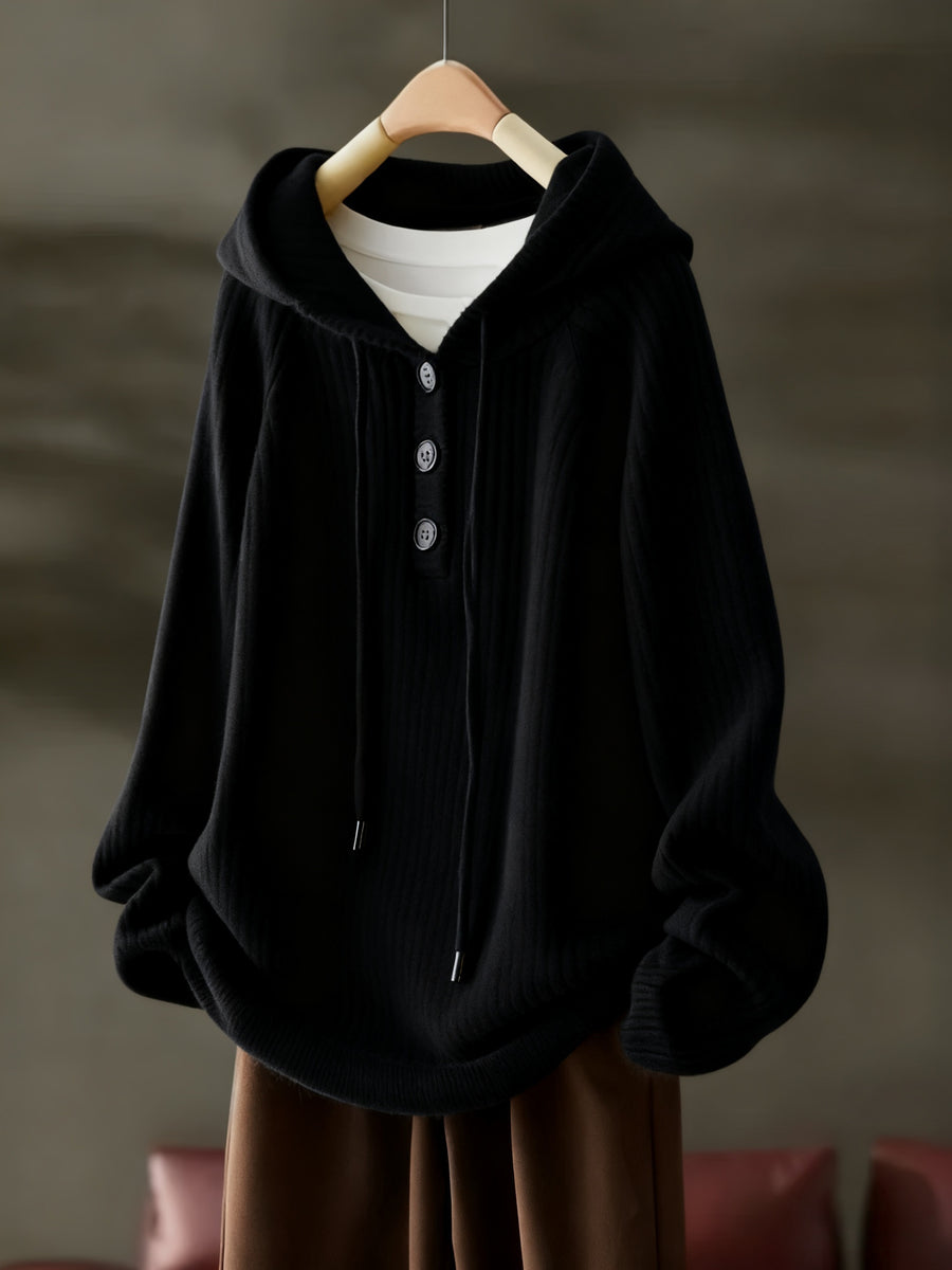 Autumn Winter Women'S Fashion Ribbed Cloud Plush Casual Hoodie - Black